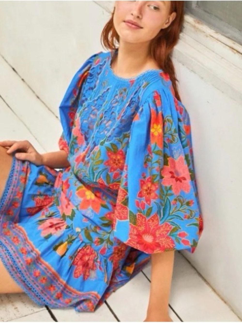 farm rio blue floral Blouse Bubble Sleeve With Tassels Tropical Island Beach - Picture 3 of 12